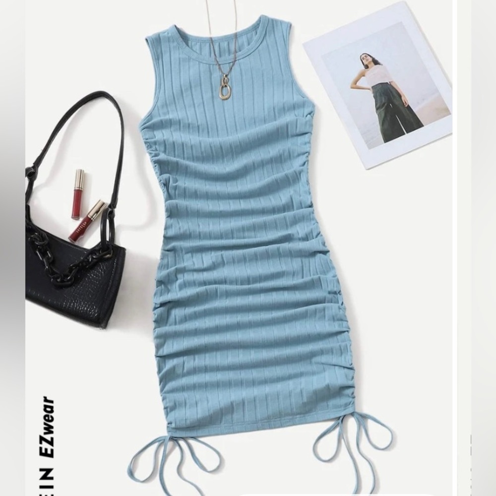 SHEIN ruched drawstring side bodycon dress light blue size small US 4